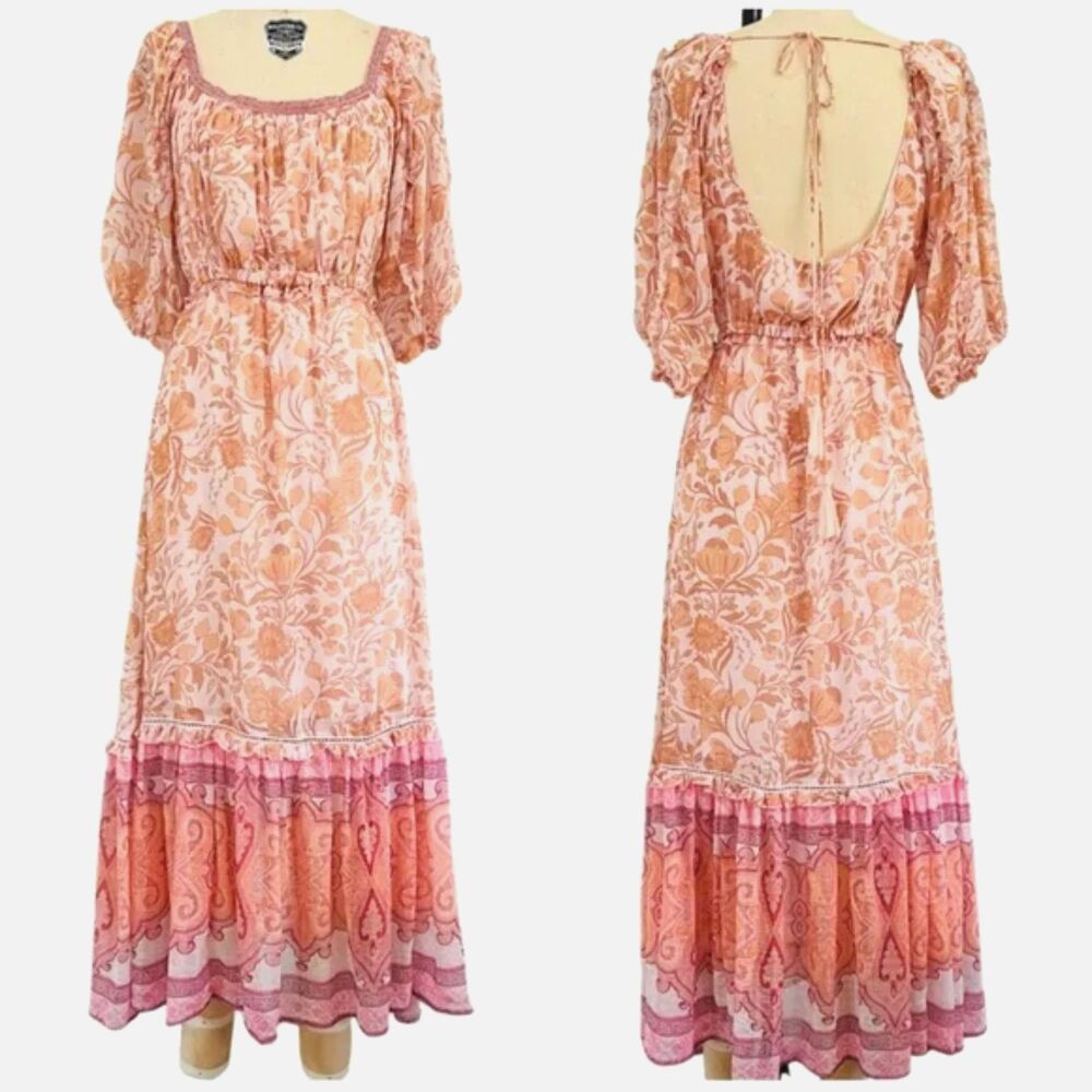 Boho Floral Maxi Dress Puff Sleeve Prairie Cottagecore Size M